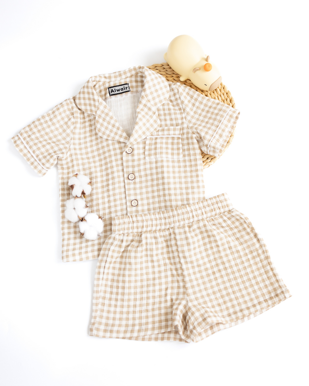Beige gingham muslin pajama set for kids by Alwair Kids