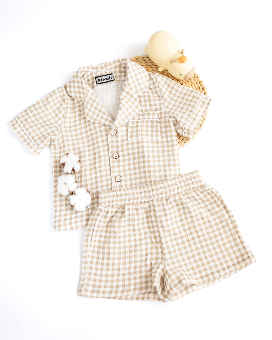 Beige gingham muslin pajama set for kids by Alwair Kids