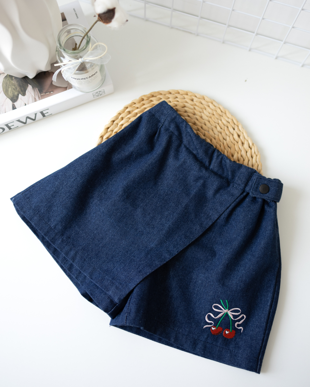 Girls denim skort with cherry embroidery front view - Alwair Kids

