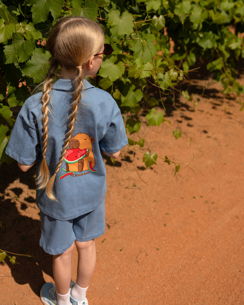 Shirt Capybara Print Denim Light Blue by Alwair Kids