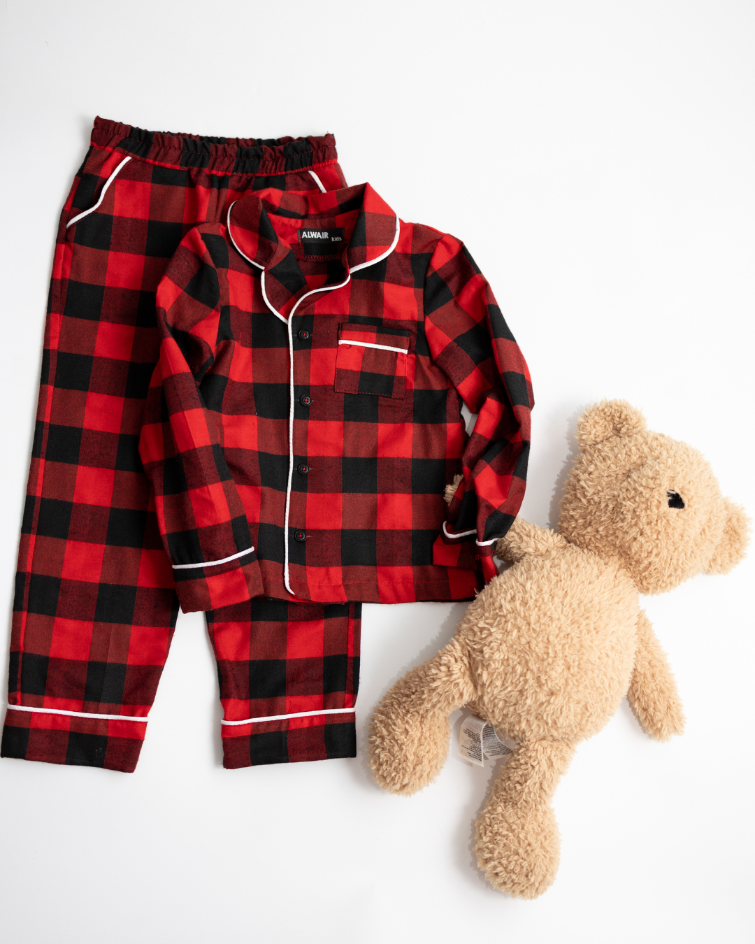 Unisex red plaid kids pajama set with teddy bear – Alwair Kids flatlay