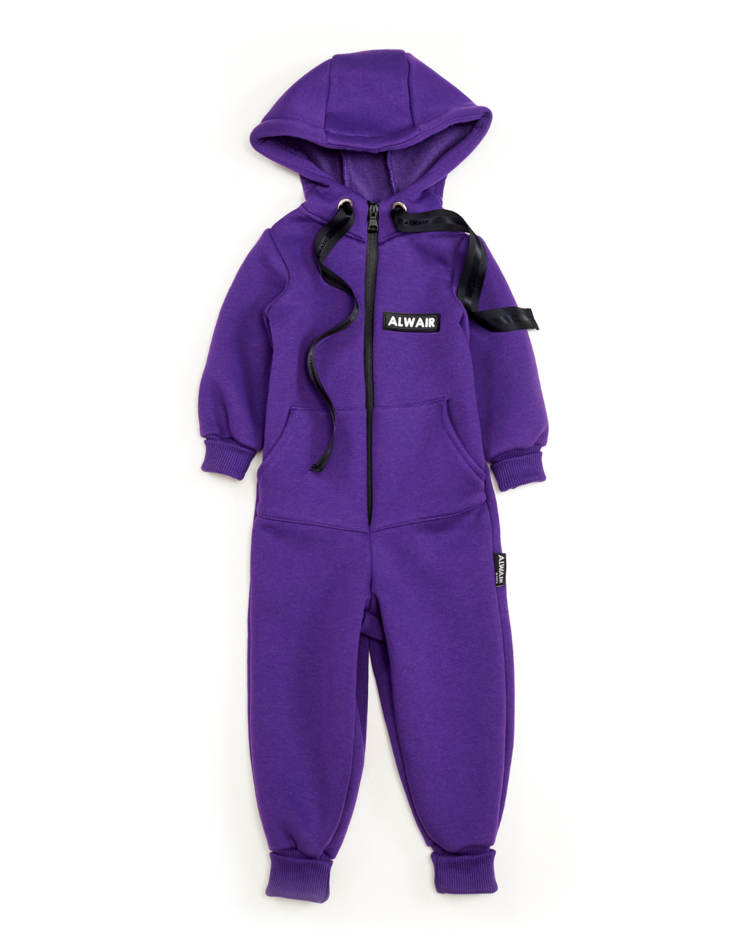 Front view of purple fleece kids jumpsuit with hood, zipper, and Alwair logo