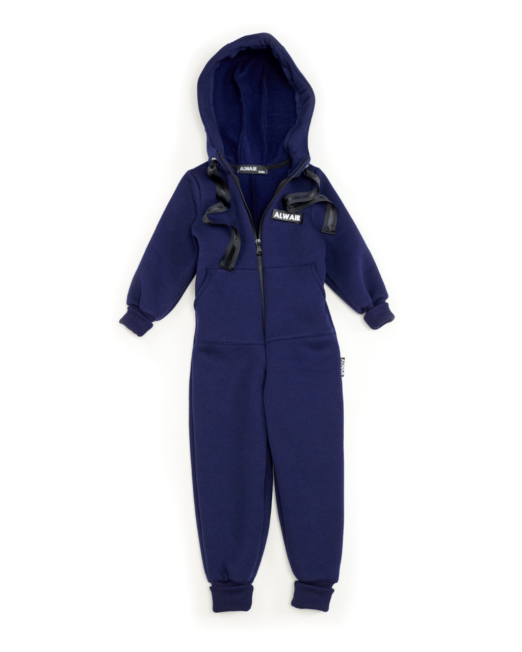 Front view of navy blue fleece kids jumpsuit with hood, zipper and Alwair logo