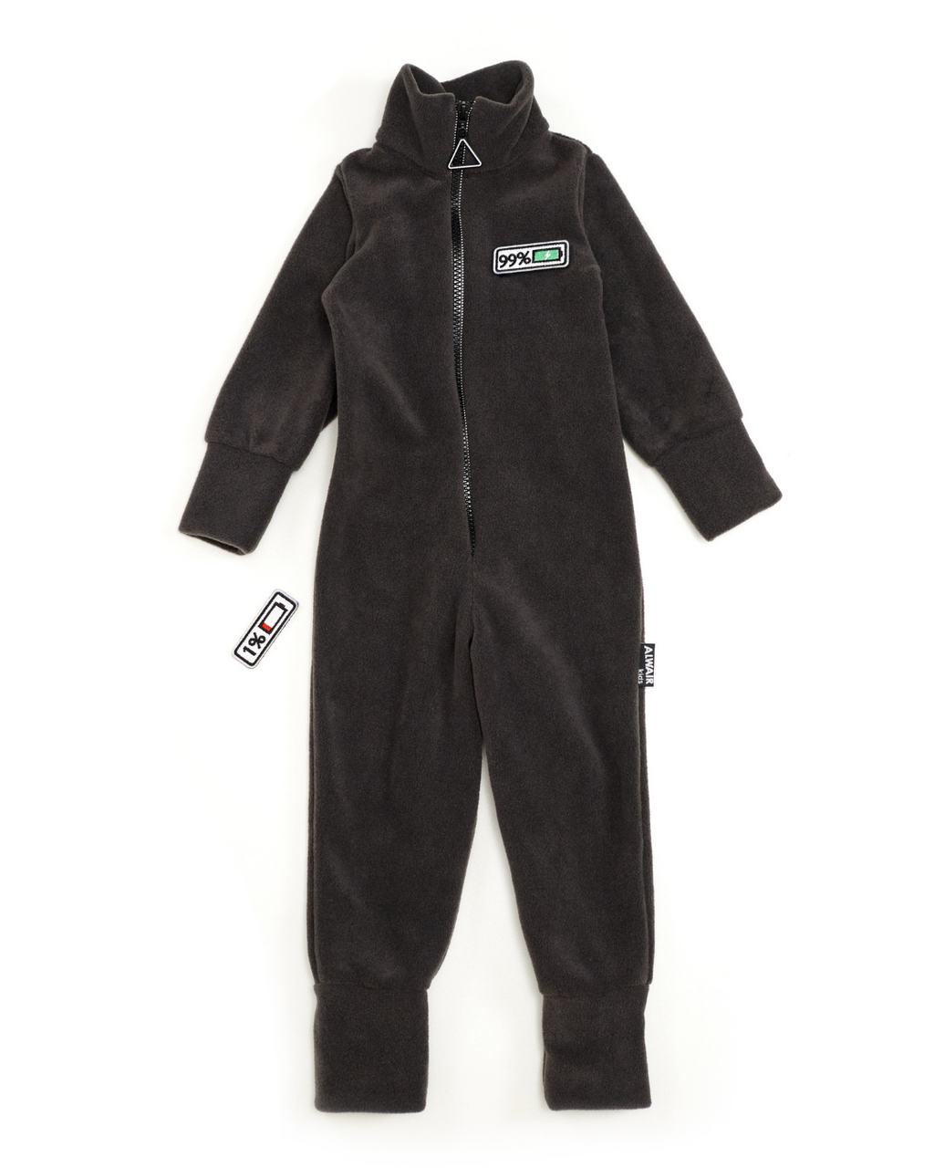 Charcoal fleece kids jumpsuit by Alwair Kids – laid flat front view