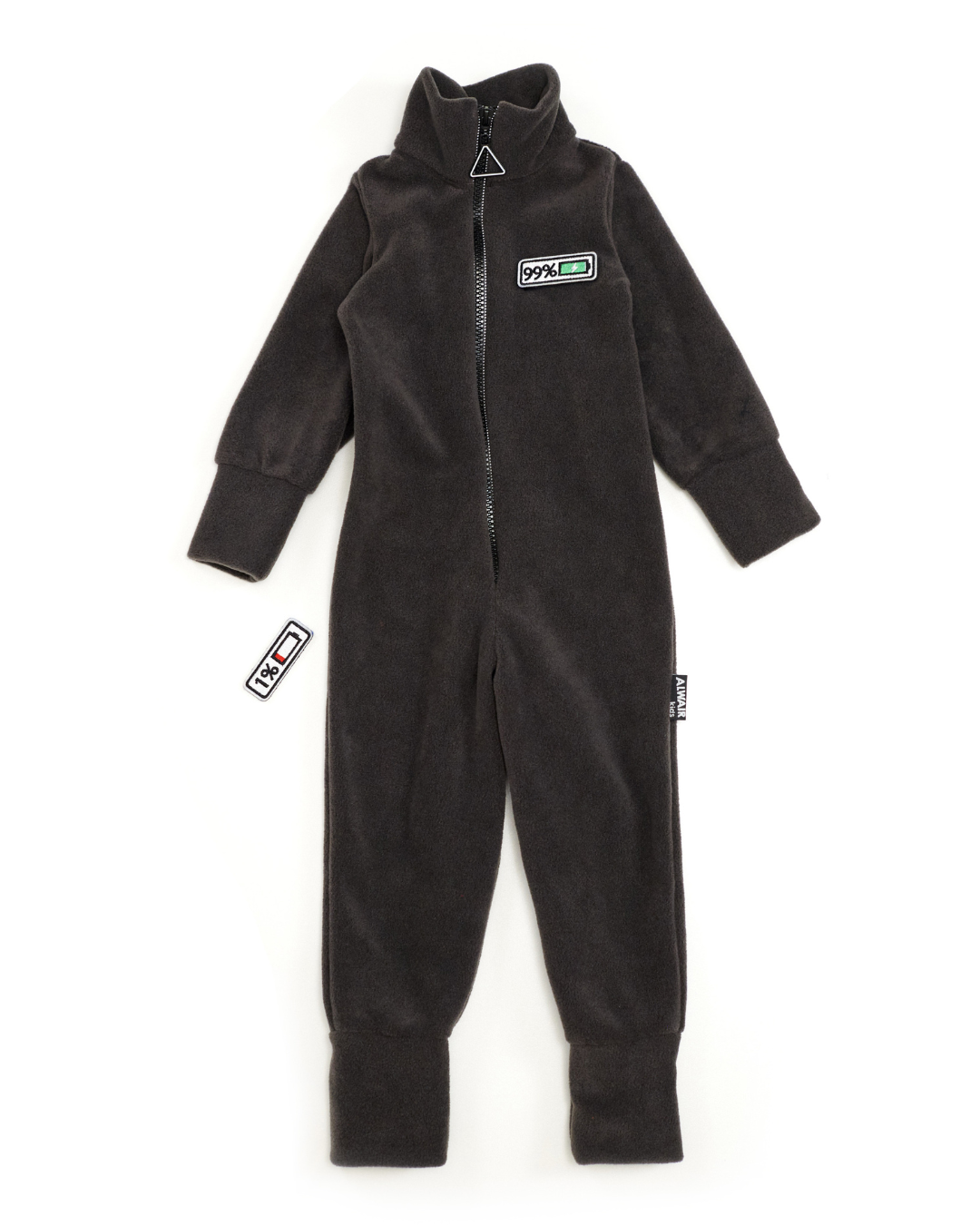 Charcoal fleece kids jumpsuit by Alwair Kids – laid flat front view