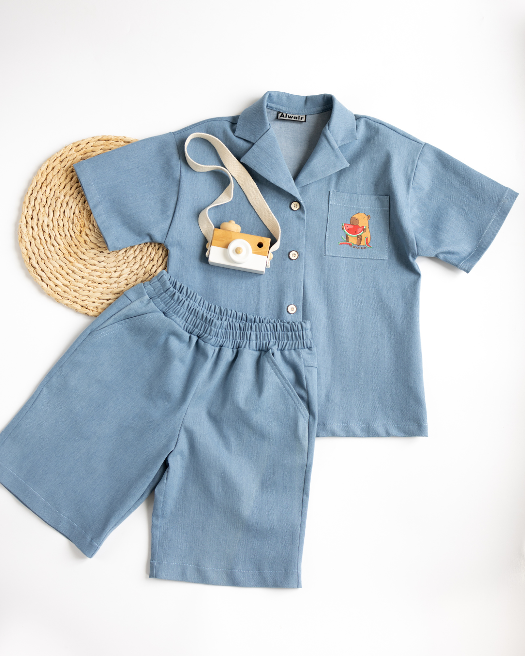 Light blue denim summer set for kids with capybara print – shirt and shorts