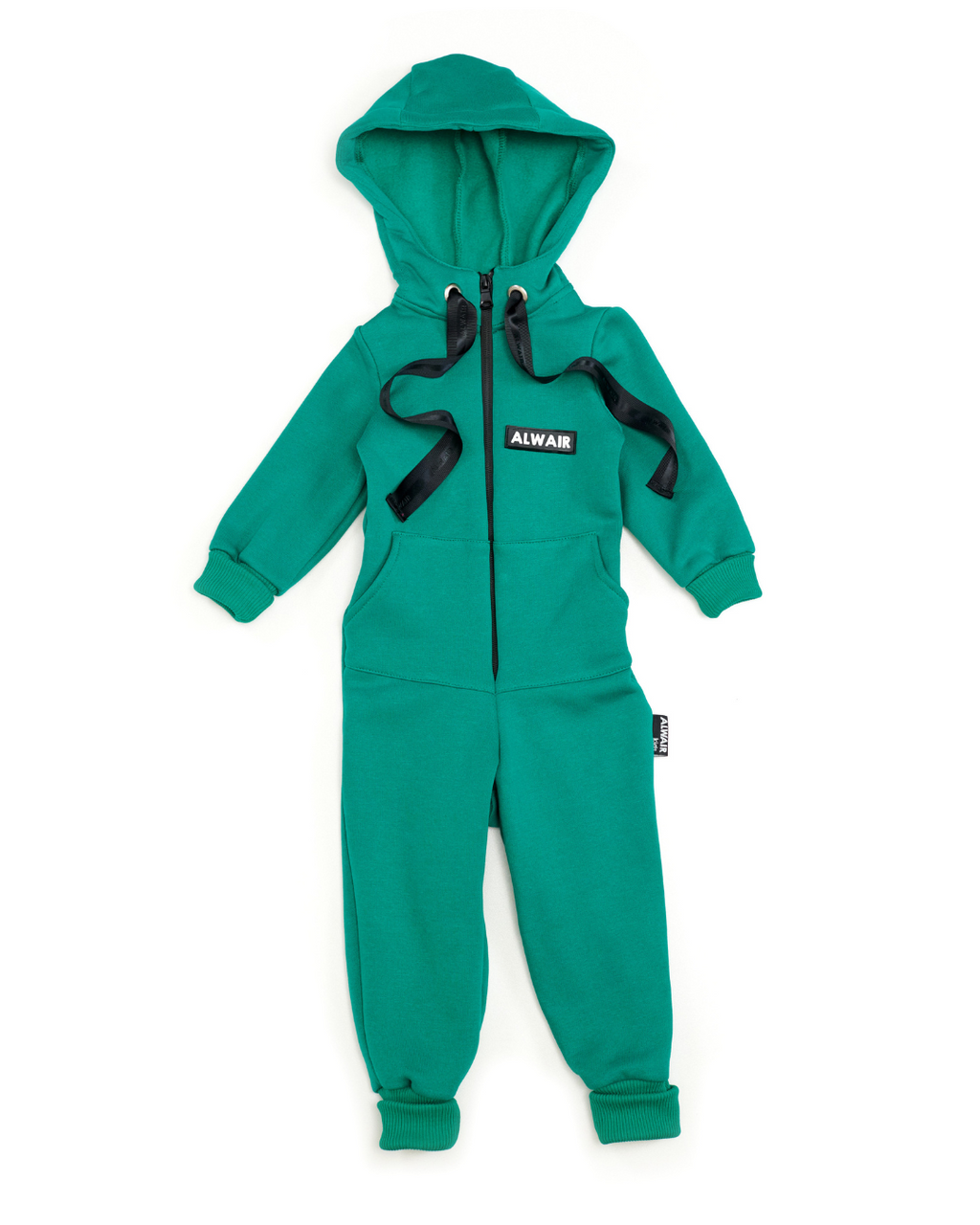 Front view of green fleece kids jumpsuit with hood, zipper, and Alwair logo