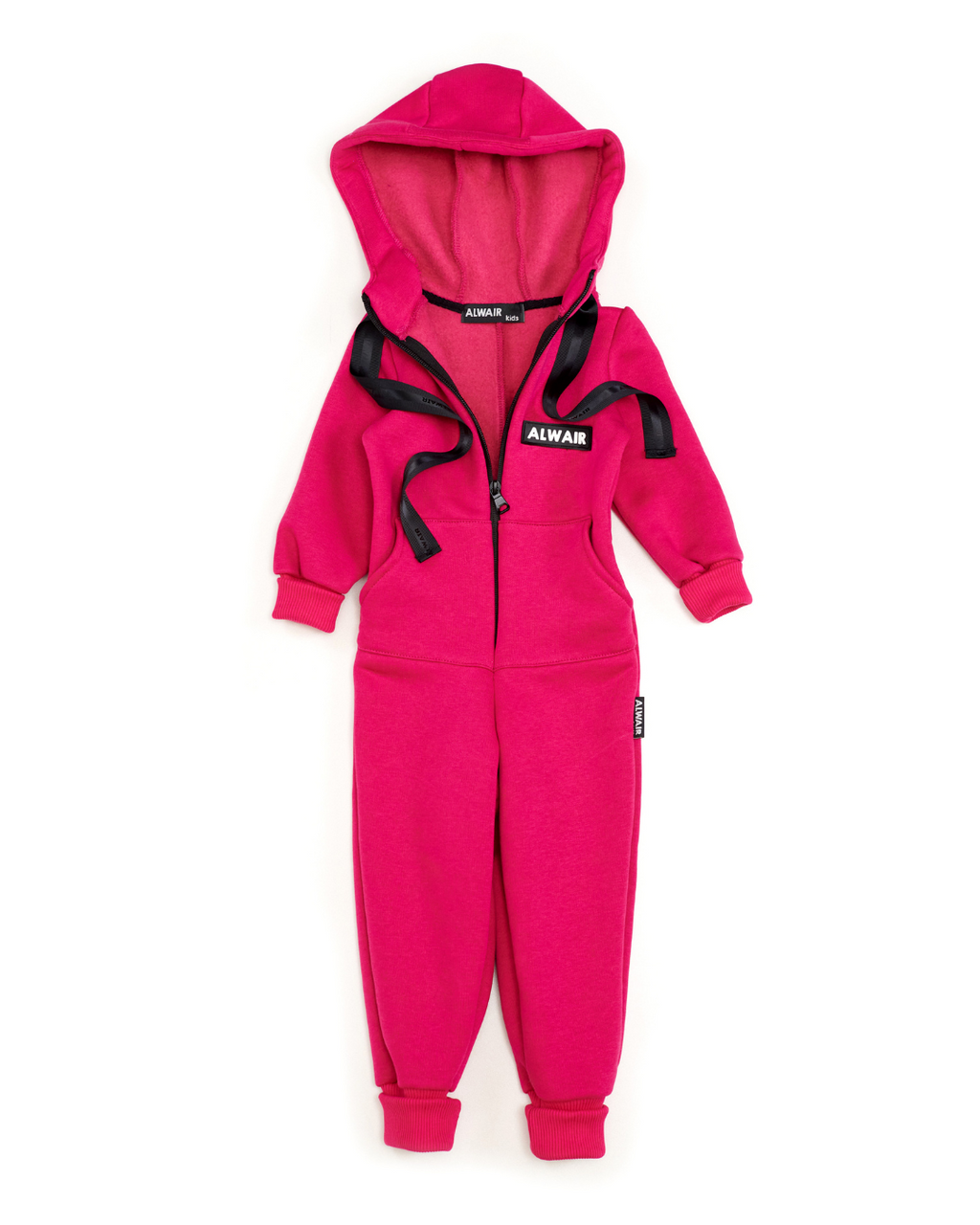 Front view of pink fleece kids jumpsuit with hood, zipper and Alwair logo