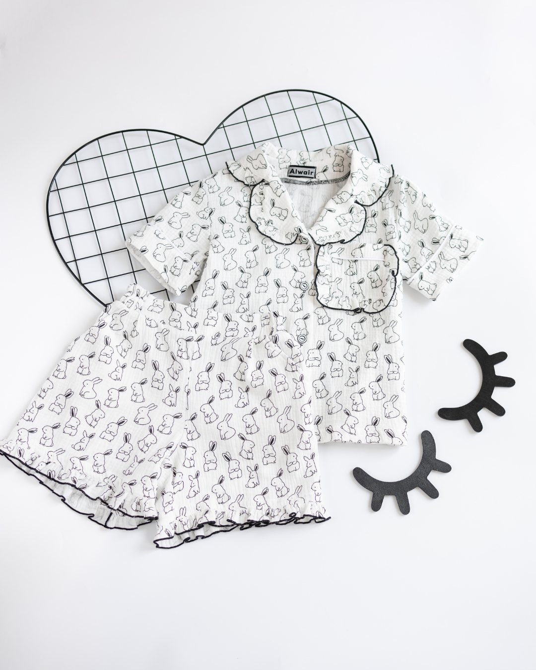 Girls muslin pajama set with bunny print front view by Alwair Kids
