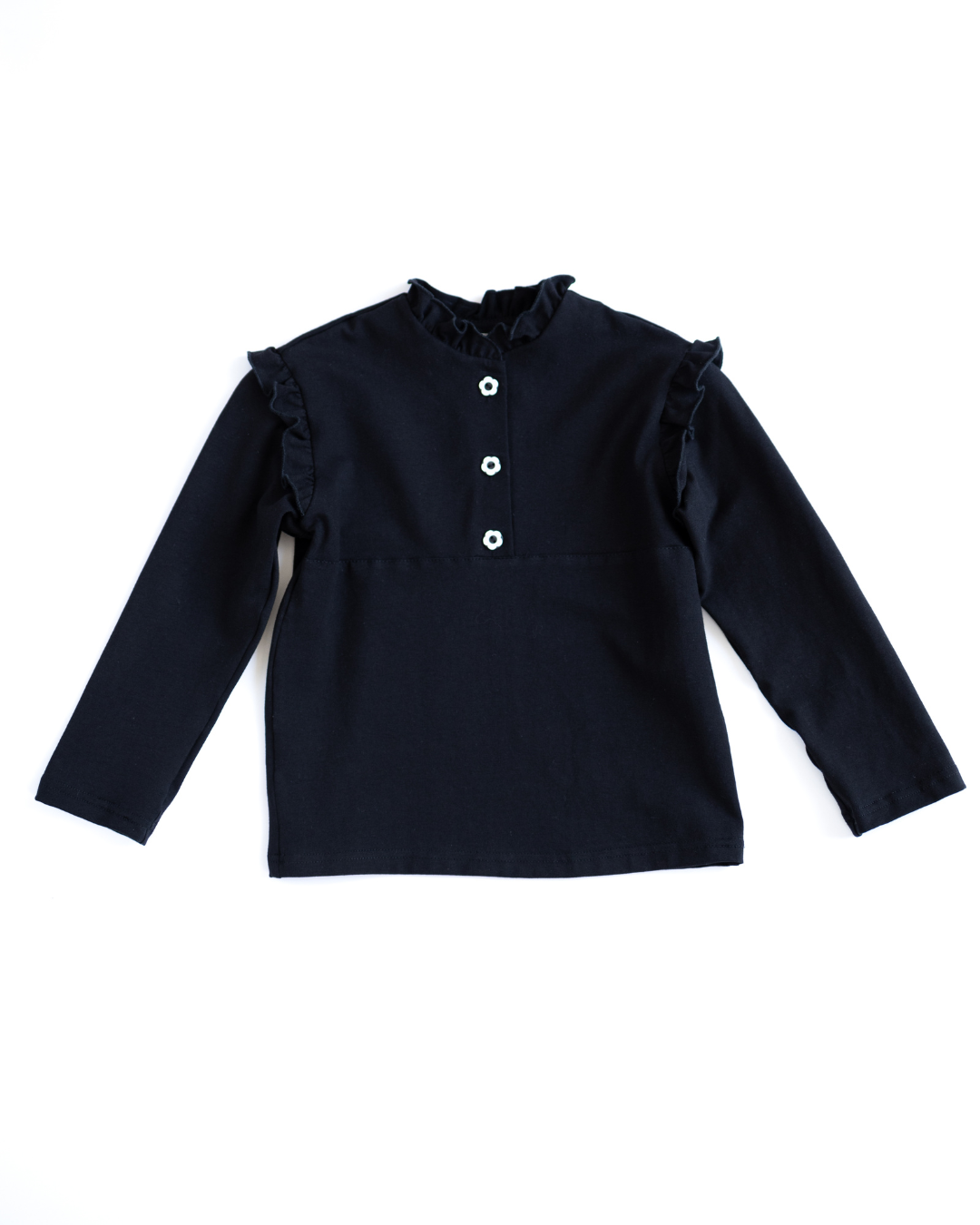 Black girls ruffle long sleeve top with flower buttons by Alwair Kids