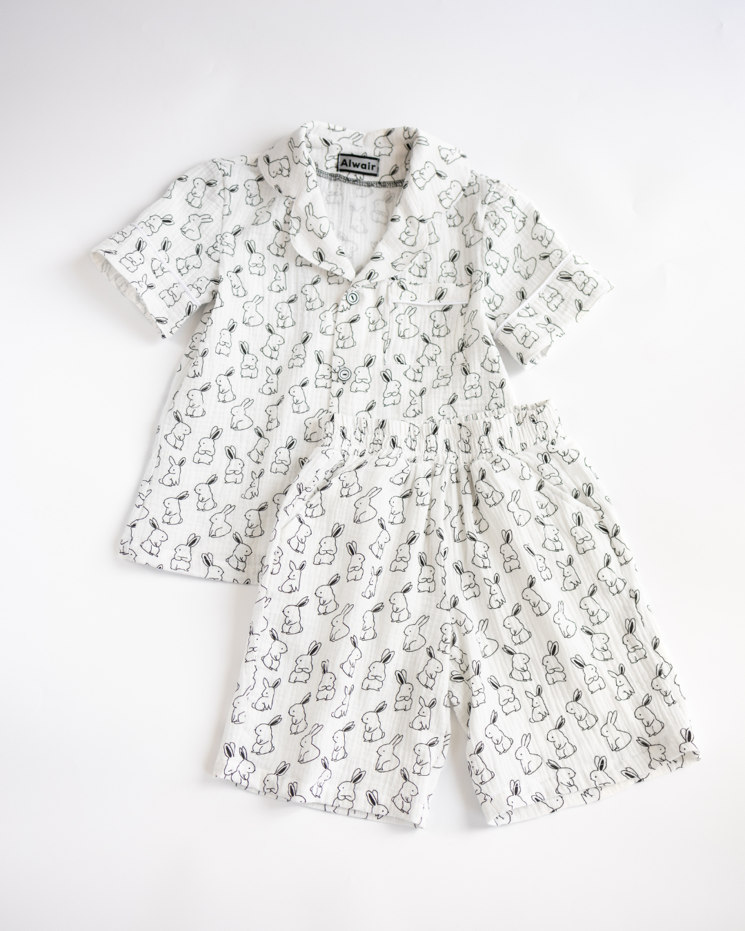 Muslin kids pajama set with bunny print by Alwair Kids white black unisex