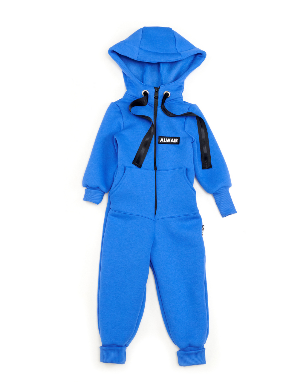 Front view of sky blue fleece kids jumpsuit with hood, zipper and Alwair logo