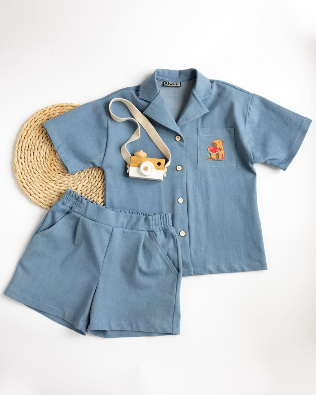 Light blue denim girls set with capybara print by Alwair Kids