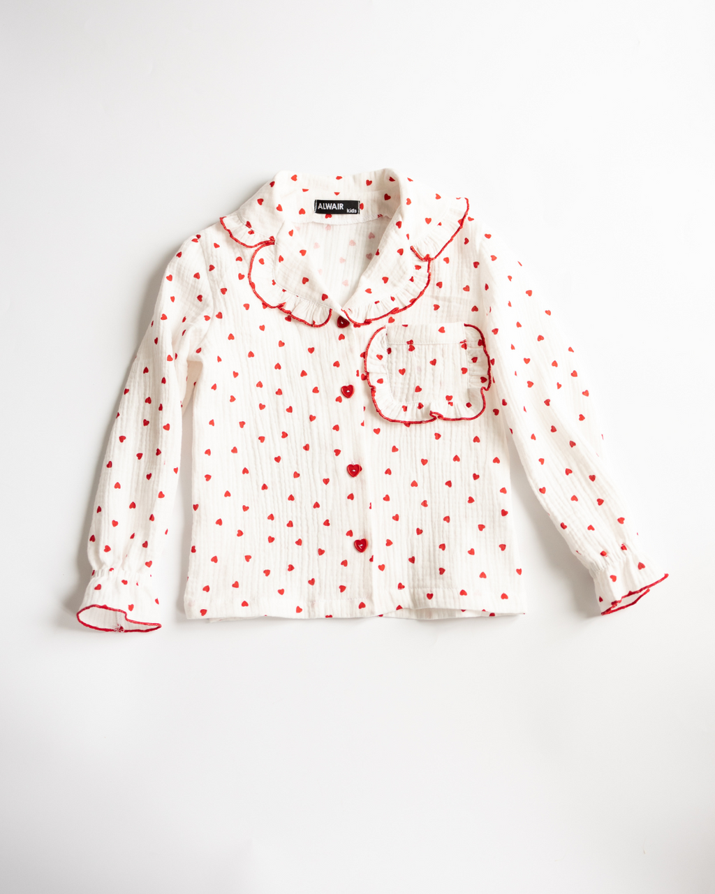 Muslin pajama top with red heart buttons and ruffled collar for girls