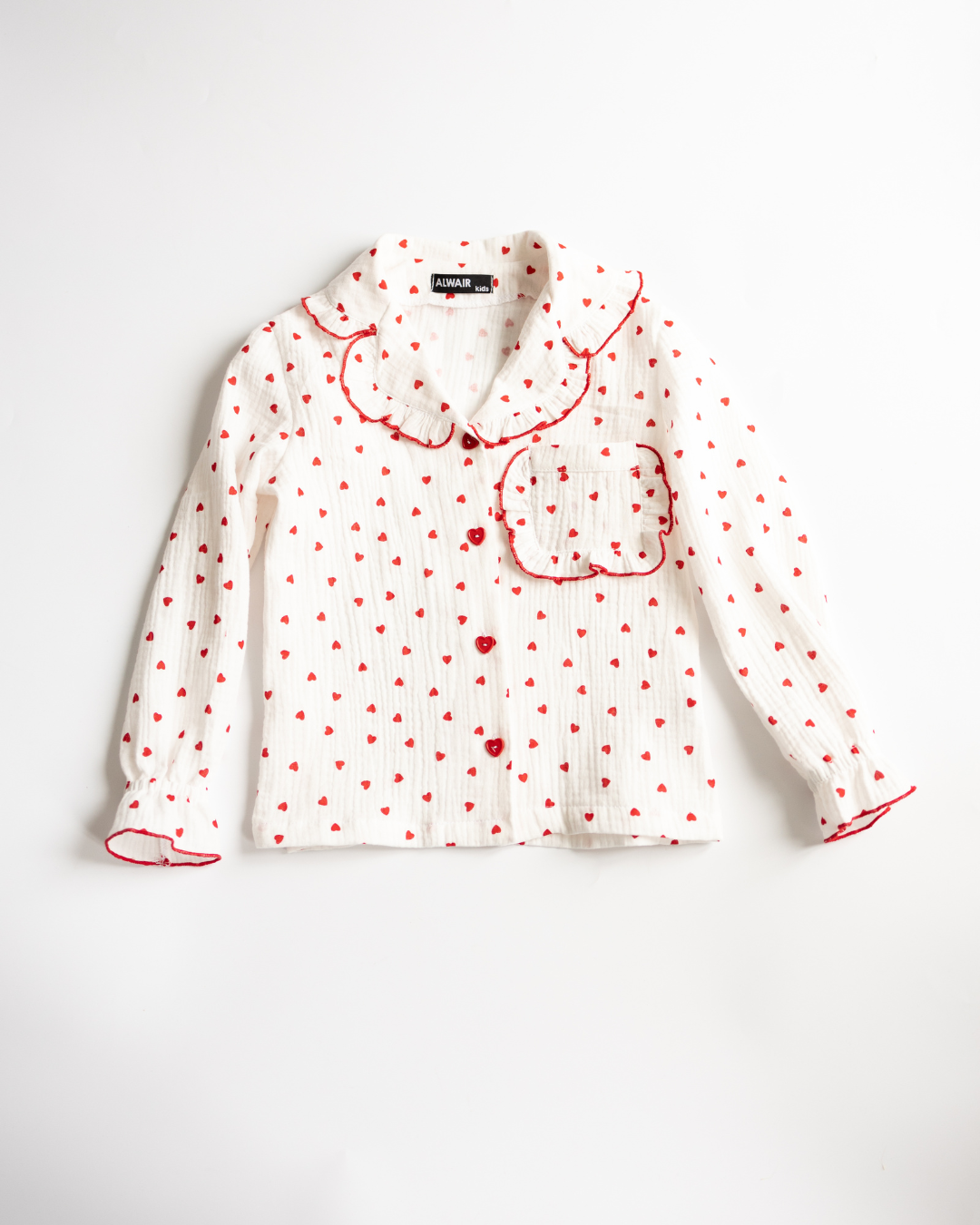 Muslin pajama top with red heart buttons and ruffled collar for girls