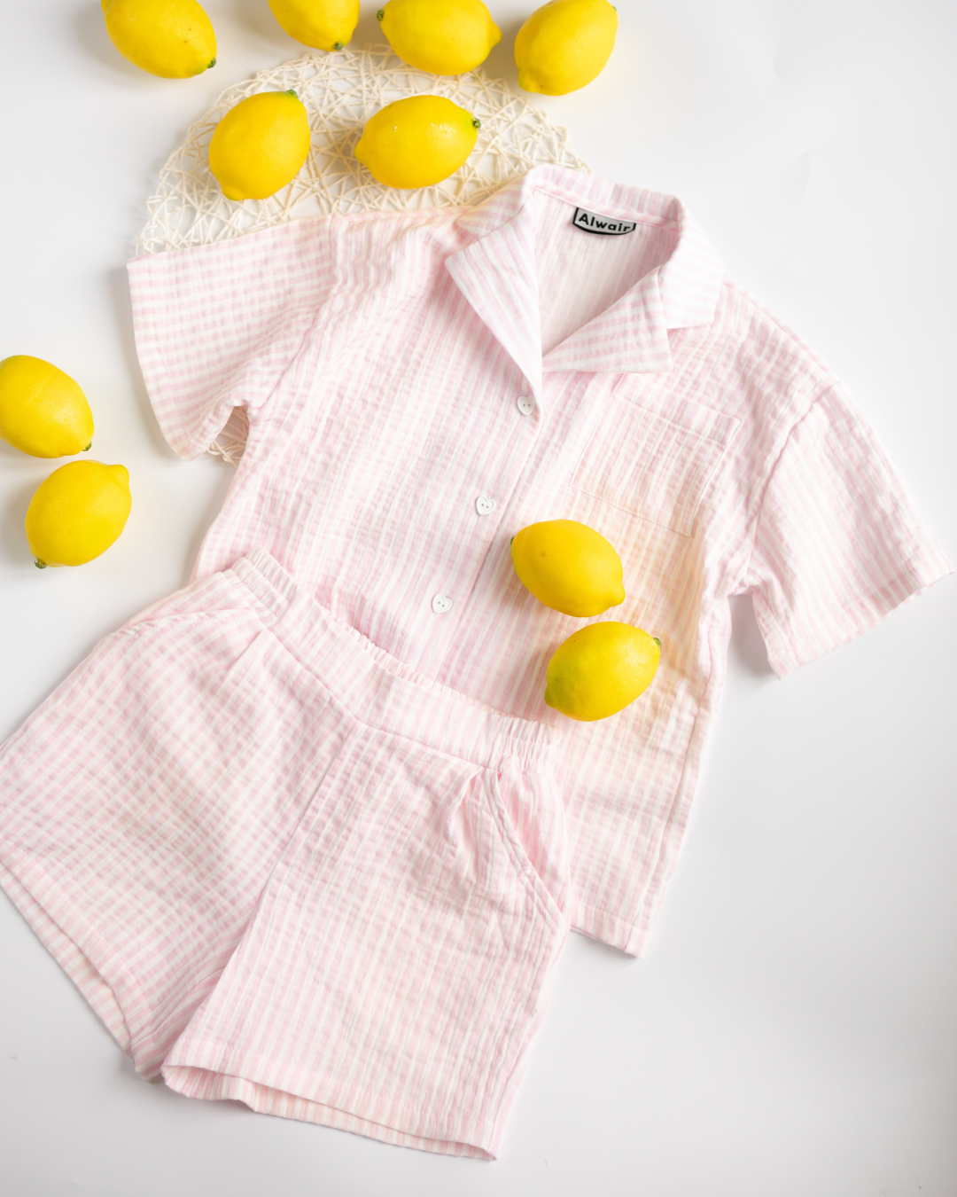 Main product image of light blue muslin kids summer set by Alwair Kids with lemons