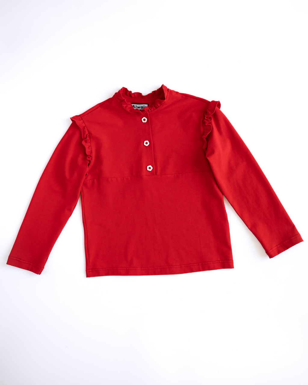 Red girls long sleeve cotton top with ruffles and floral buttons by Alwair Kids