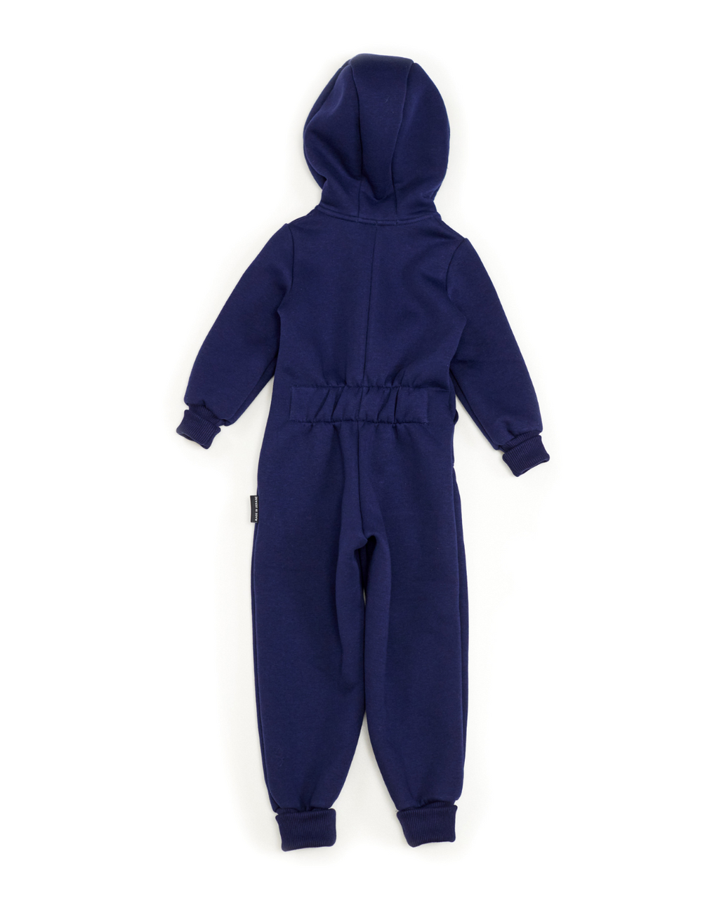 Back view of navy blue fleece jumpsuit for kids with hood and elastic waistband
