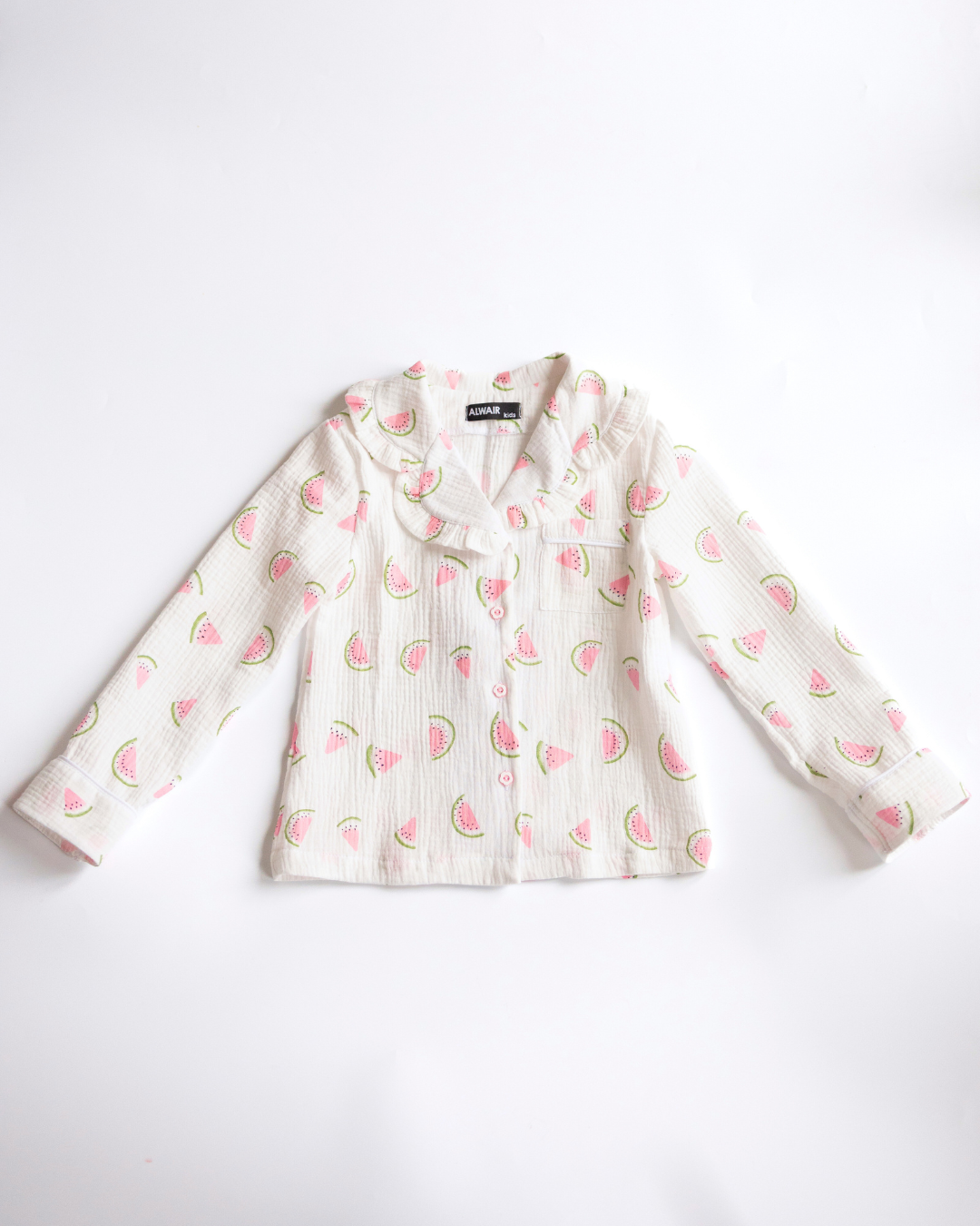 Girls' cotton muslin pajama top with ruffle trim and watermelon print