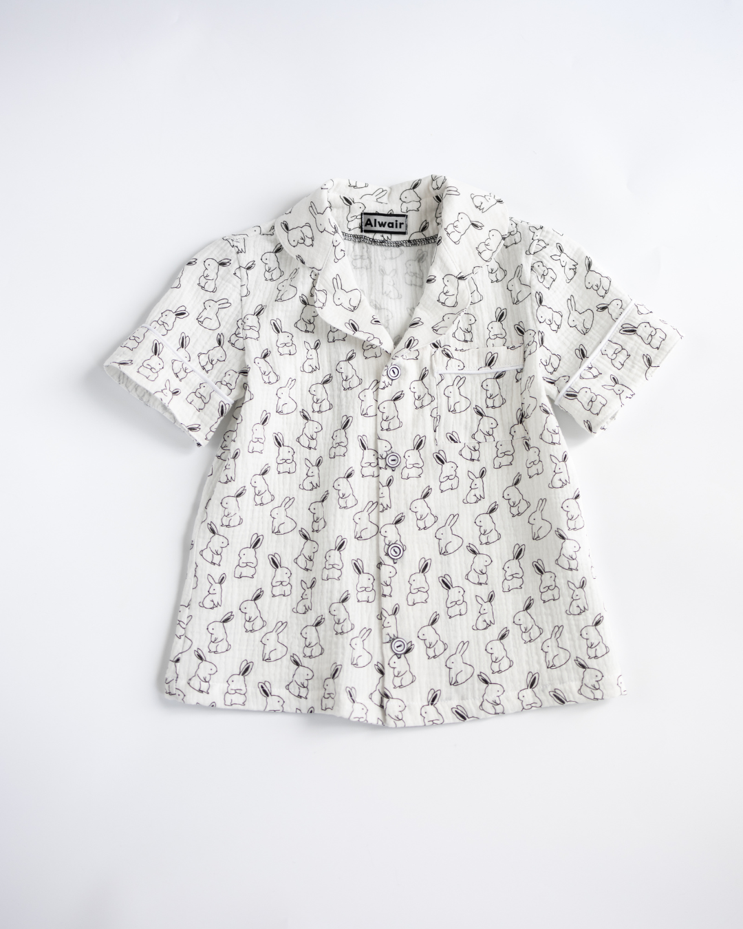 Short sleeve pajama top for kids in soft muslin with bunny print by Alwair Kids
