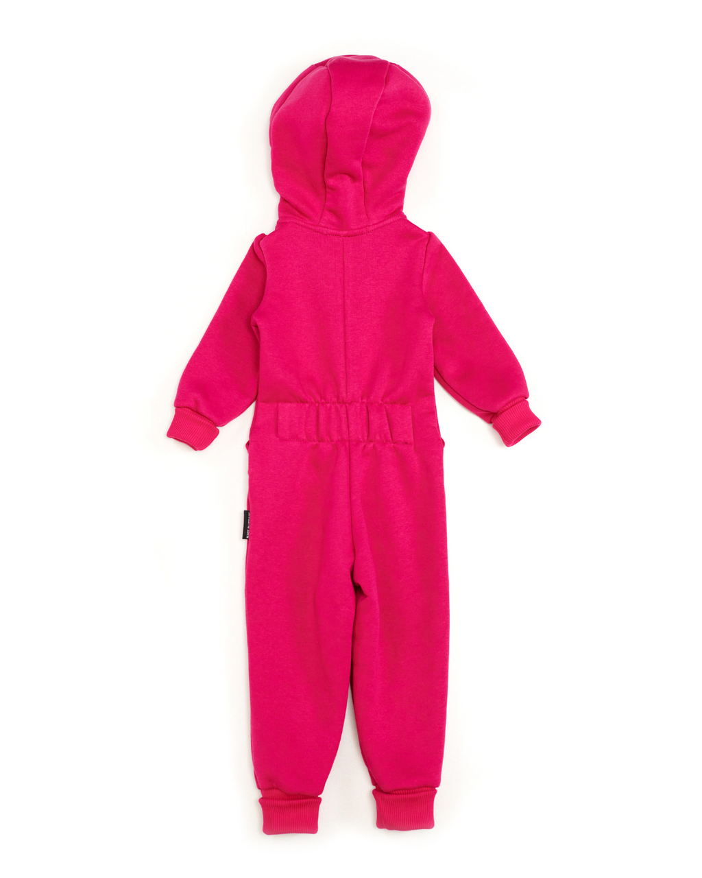 Back view of pink fleece jumpsuit for kids with hood and elastic back waistband