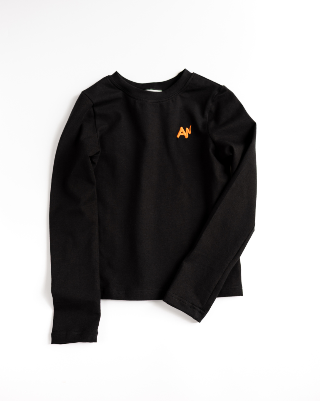 Black cotton longsleeve with orange embroidered logo for girls

