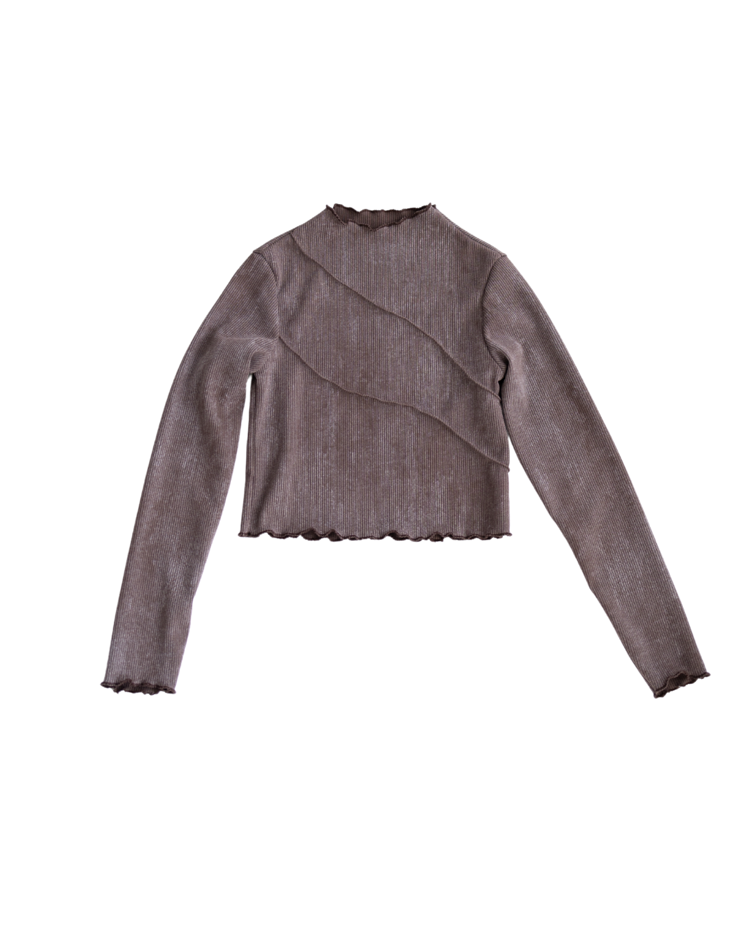 Flat lay of brown ribbed long sleeve top with washed effect for kids