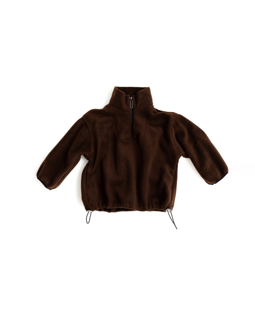Front view of brown fleece pullover with zipper and high collar