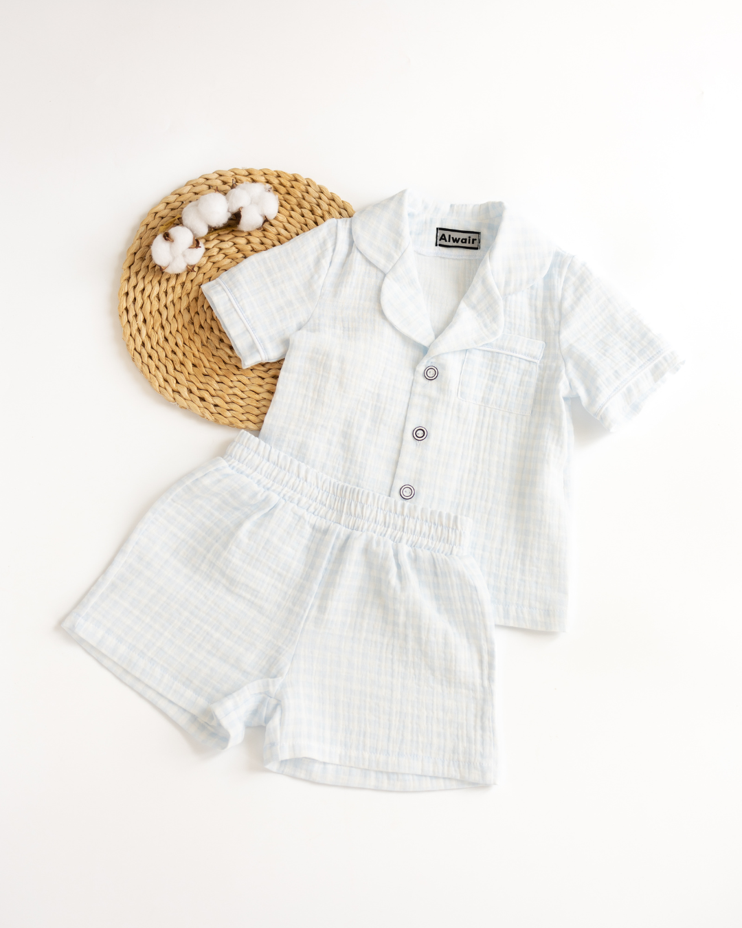 Light blue muslin pajama set for kids with short sleeves