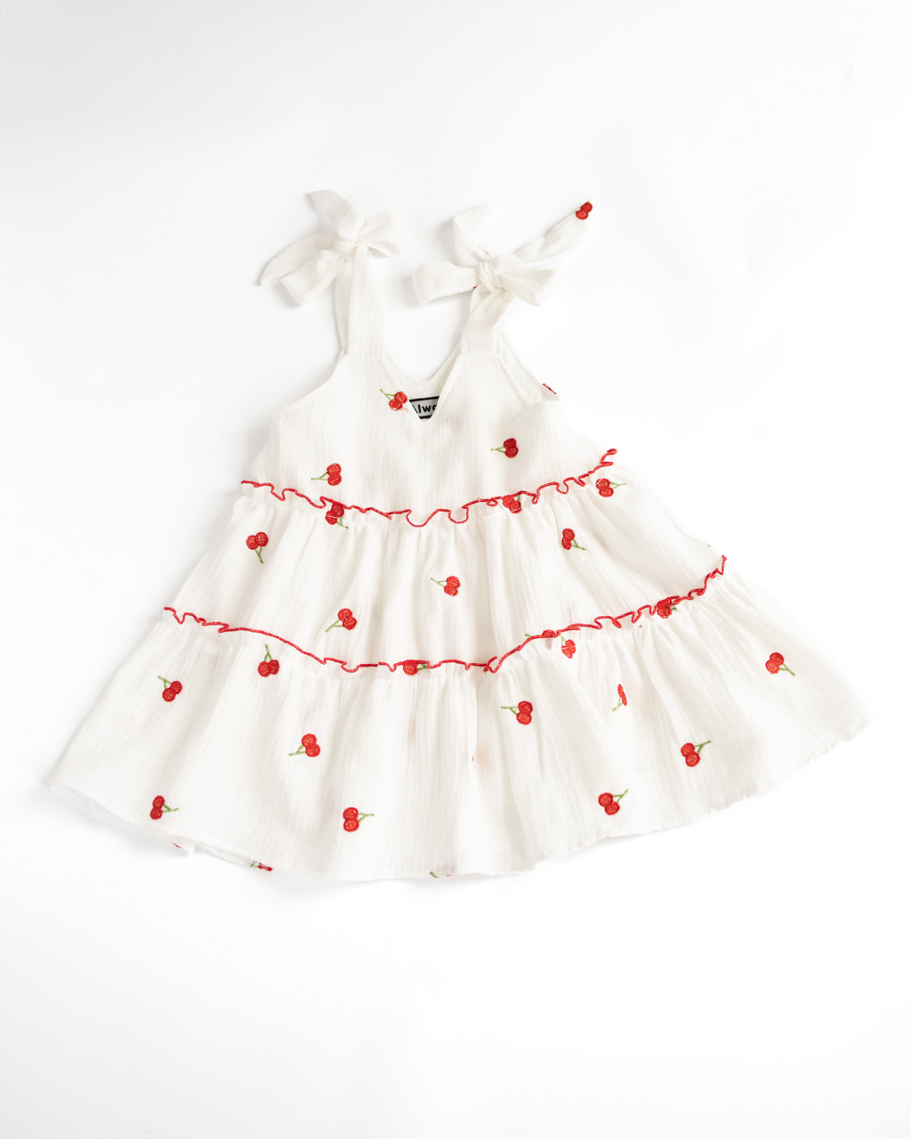 White muslin summer dress for girls with red cherry embroidery and tie straps – Alwair Kids