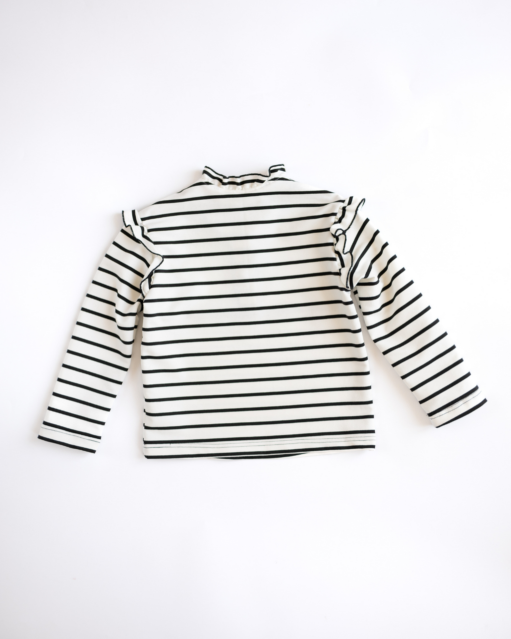 Back view of striped girls cotton longsleeve with ruffled shoulders by Alwair Kids

