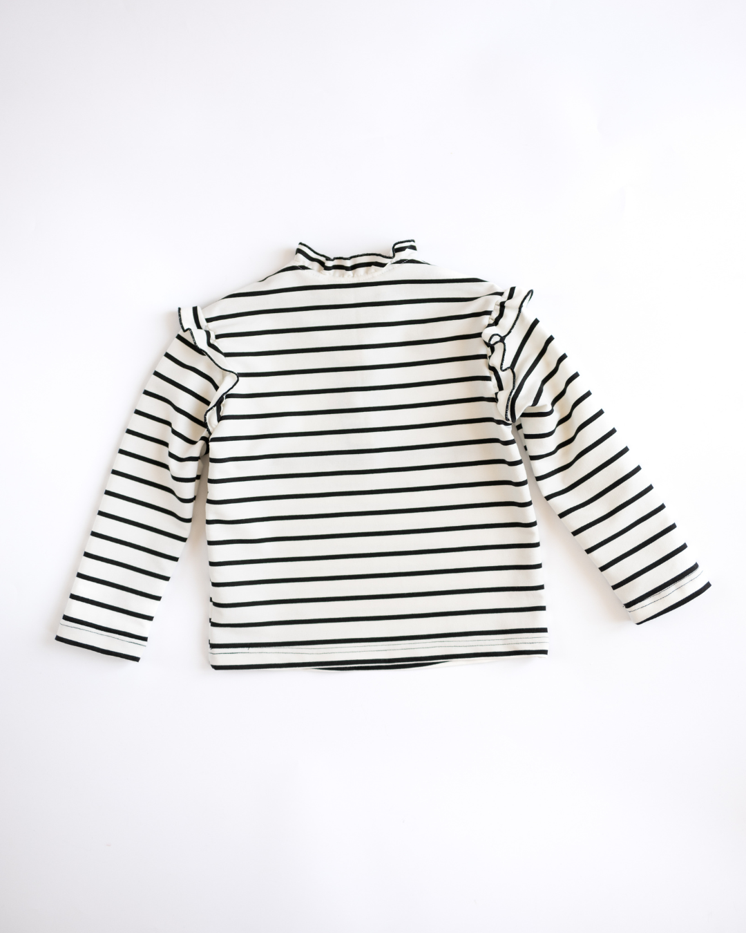 Back view of striped girls cotton longsleeve with ruffled shoulders by Alwair Kids

