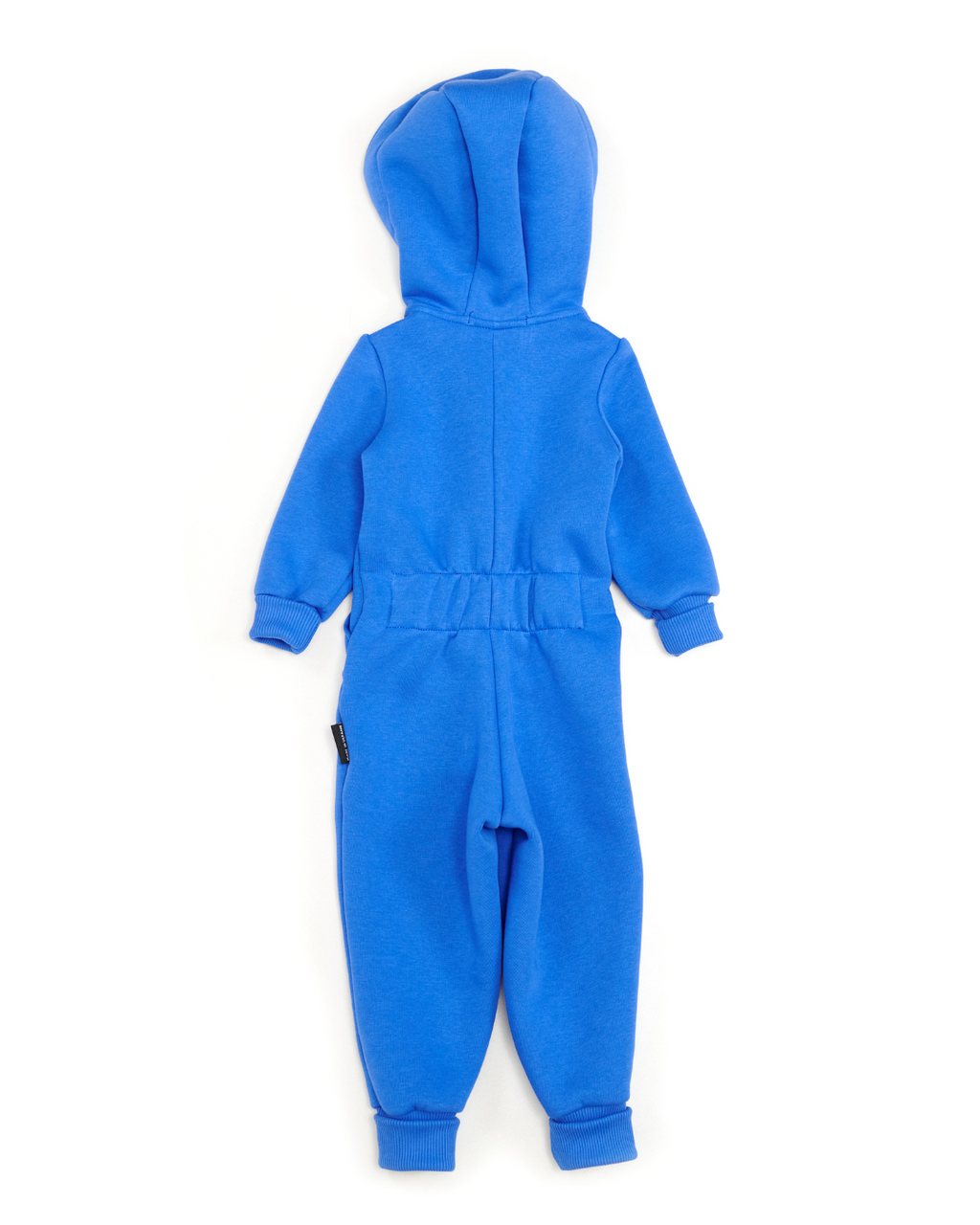 Back view of sky blue fleece jumpsuit for kids with elastic waistband and hood