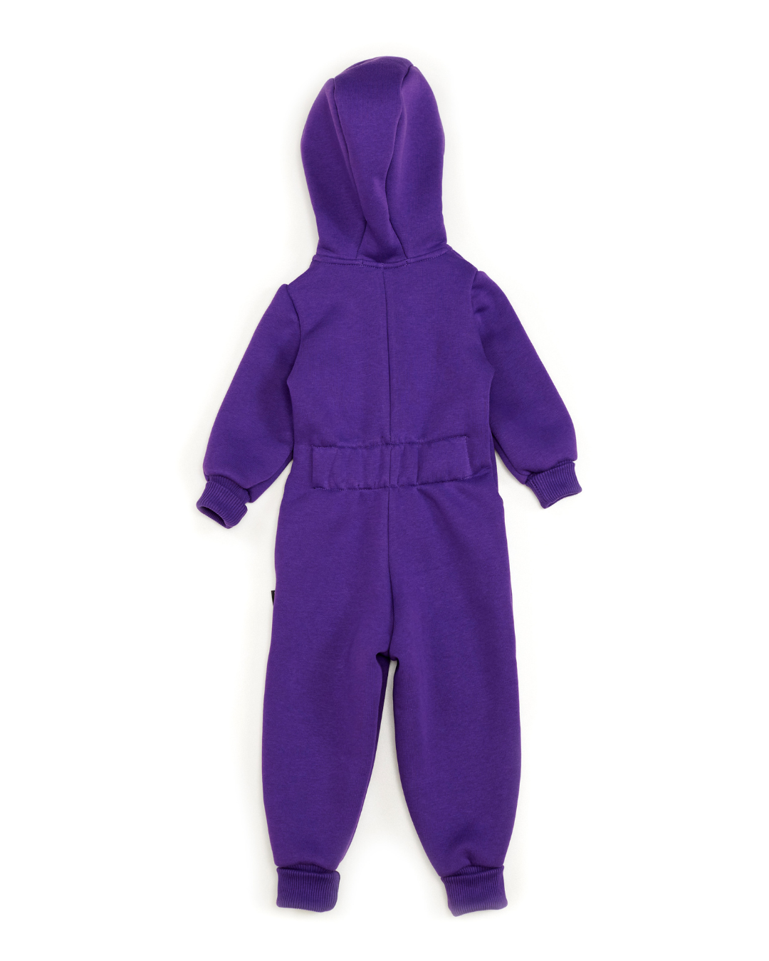 Back view of purple fleece jumpsuit for kids with elastic waistband and hood