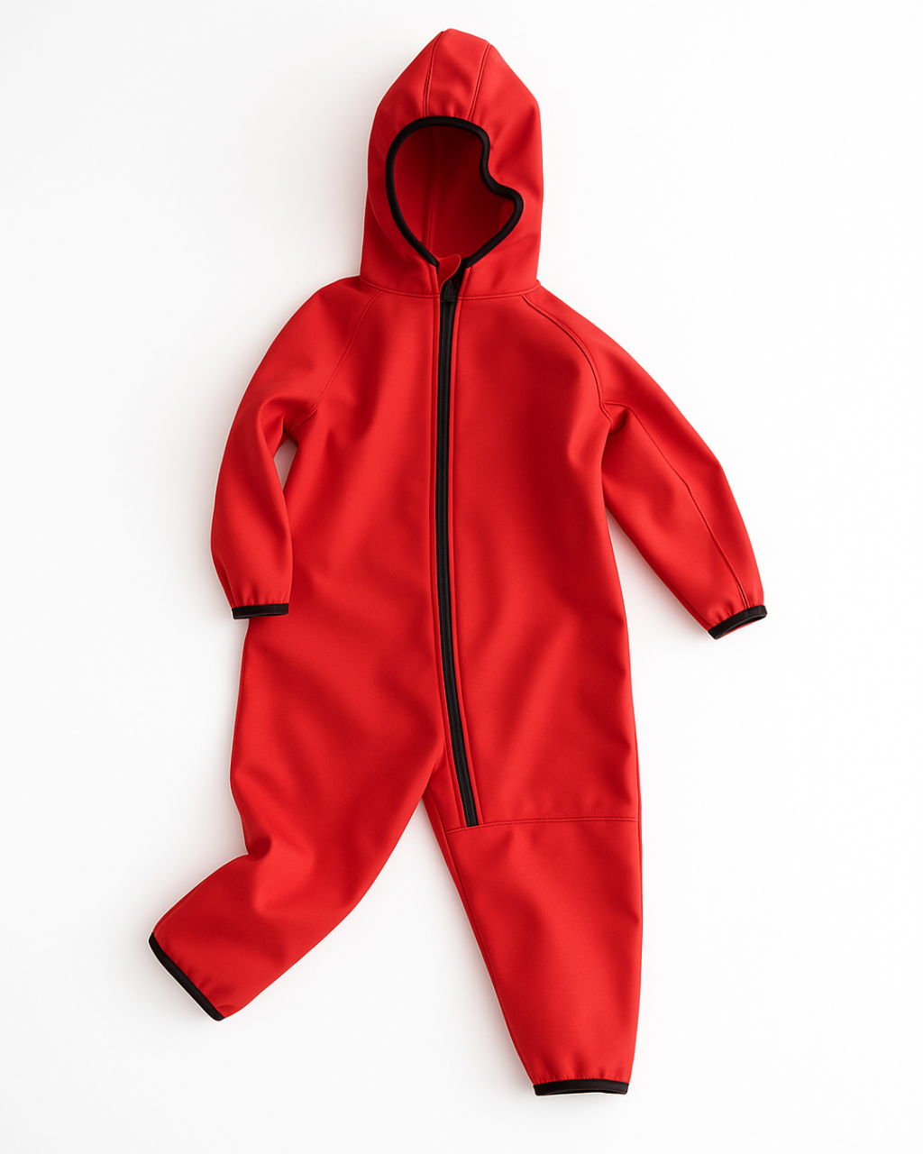 Red softshell jumpsuit for kids displayed flat