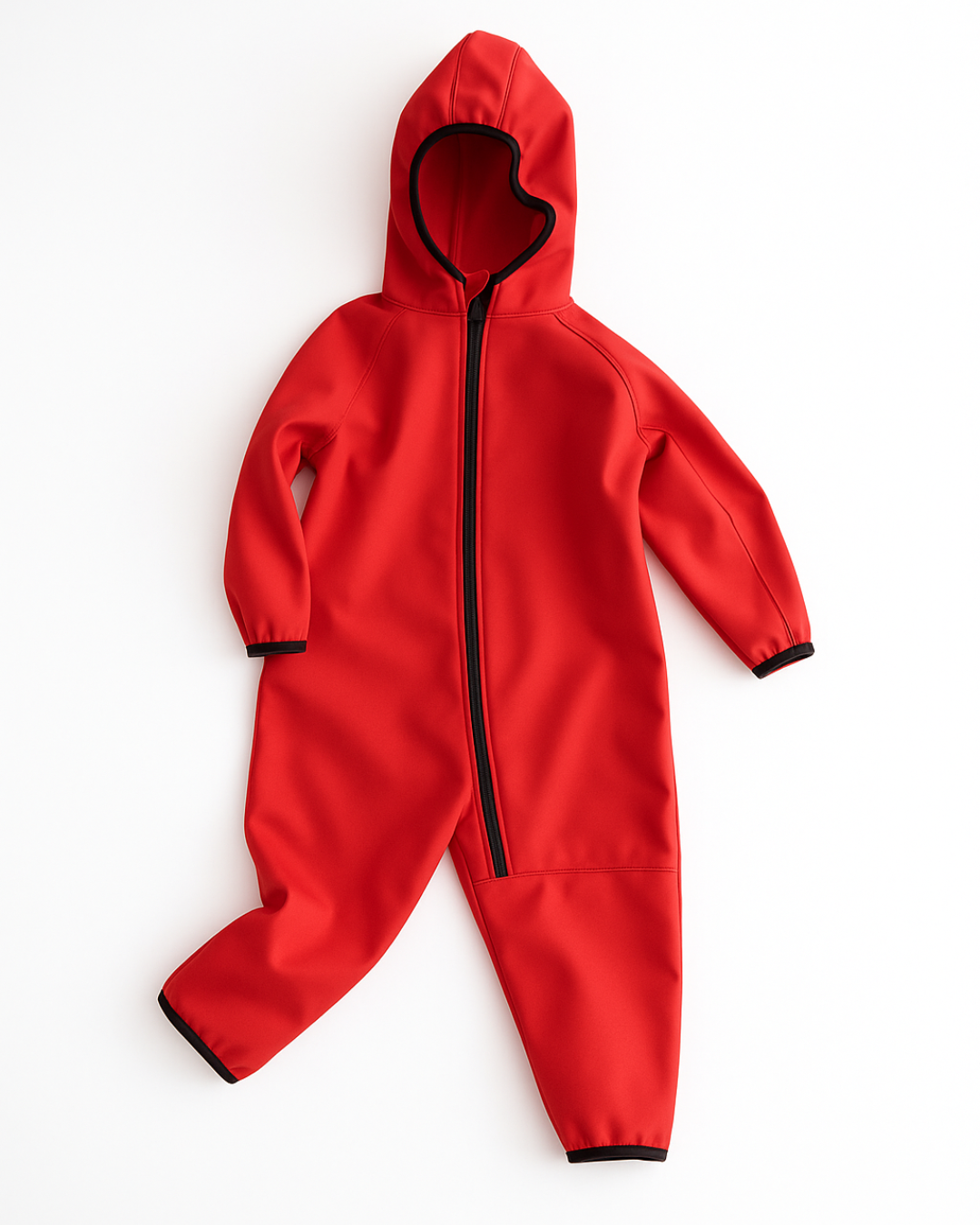 Red softshell jumpsuit for kids displayed flat