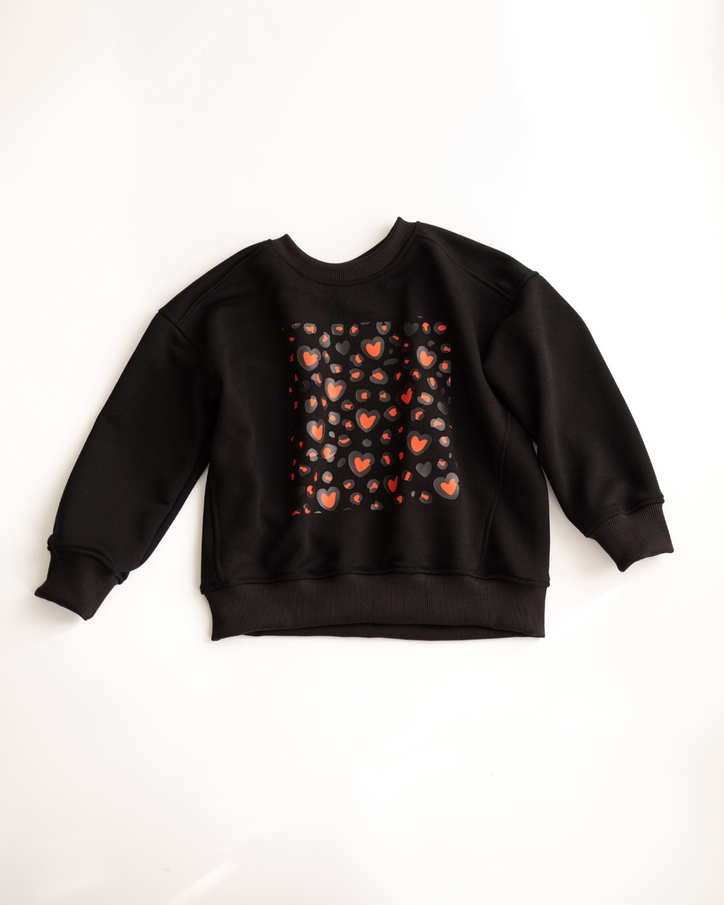 Black kids sweatshirt with red heart and leopard print, front view