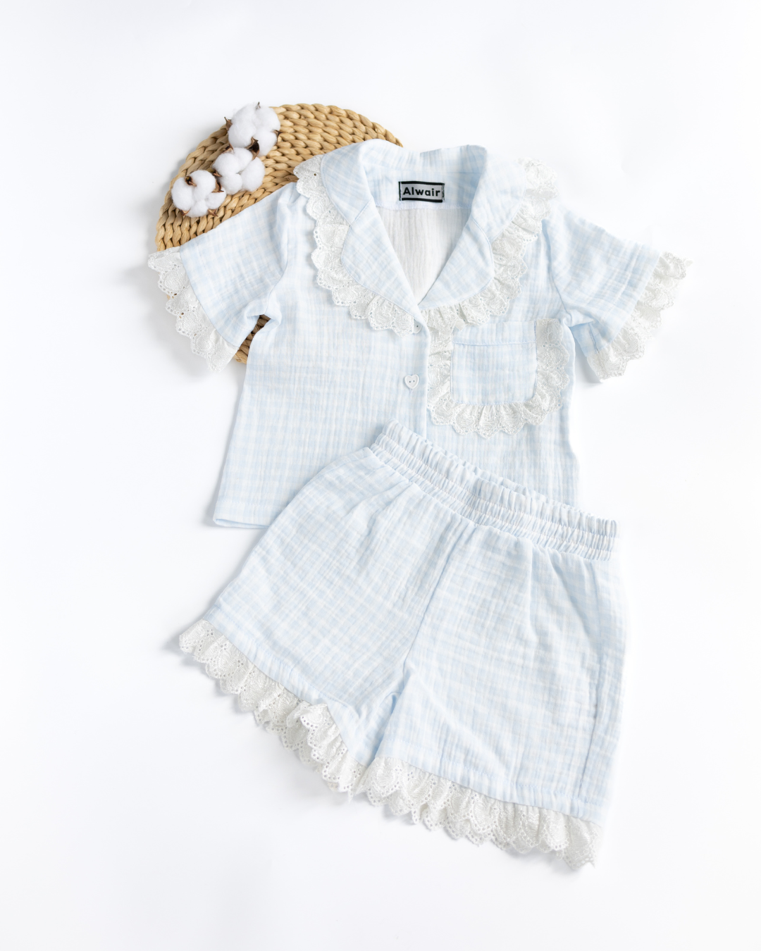 Light blue muslin pajama set for girls with delicate lace trim - Alwair Kids