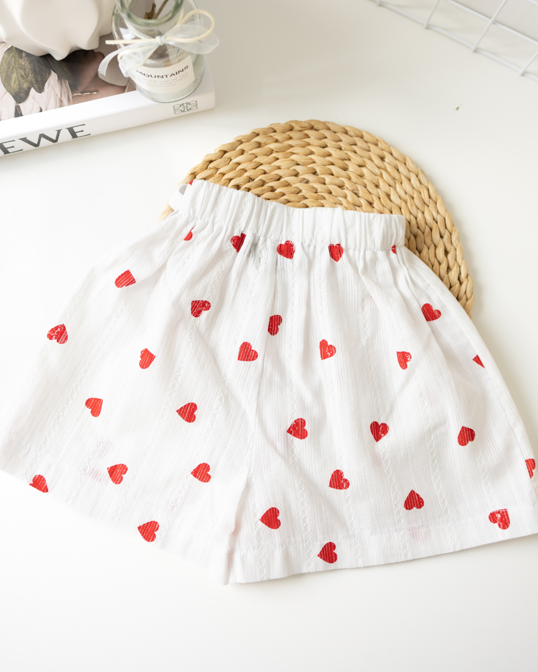 Red hearts printed girls’ skort with bow tie waistband – side angle – Alwair Kids

