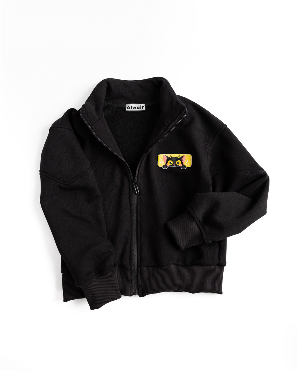 Black cotton zip jacket for girls with yellow cat patch by Alwair Kids