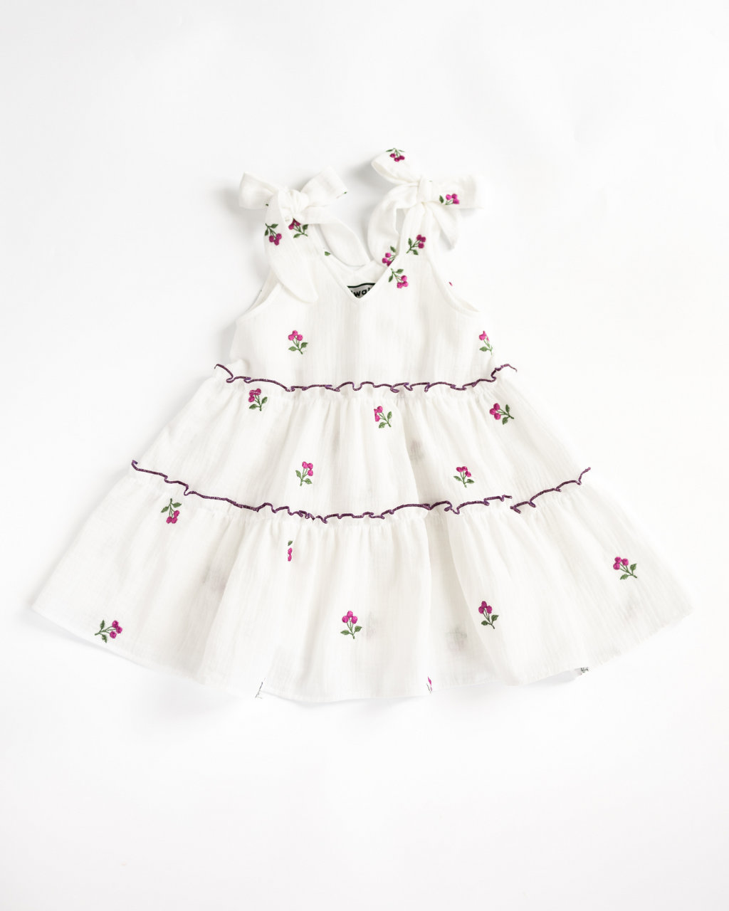 White muslin summer dress for girls with purple floral embroidery and tie straps – Alwair Kids