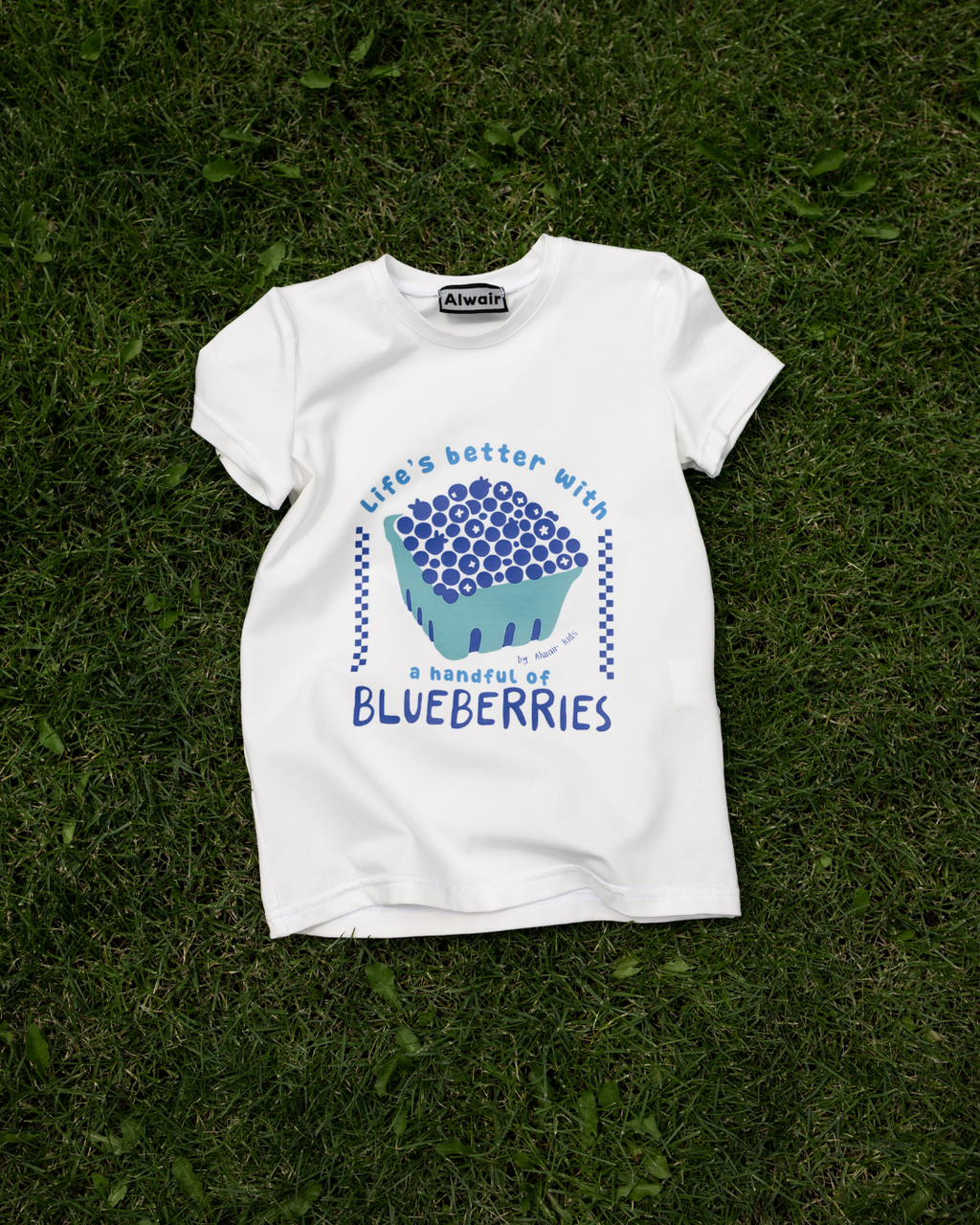 blueberry basket print white kids t-shirt on lawn playful design Alwair Kids