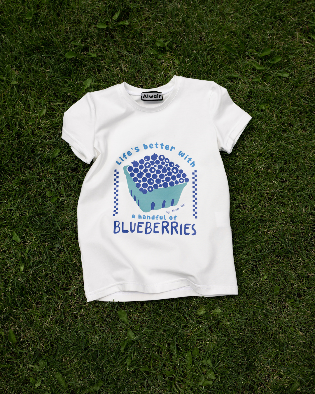 blueberry basket print white kids t-shirt on lawn playful design Alwair Kids