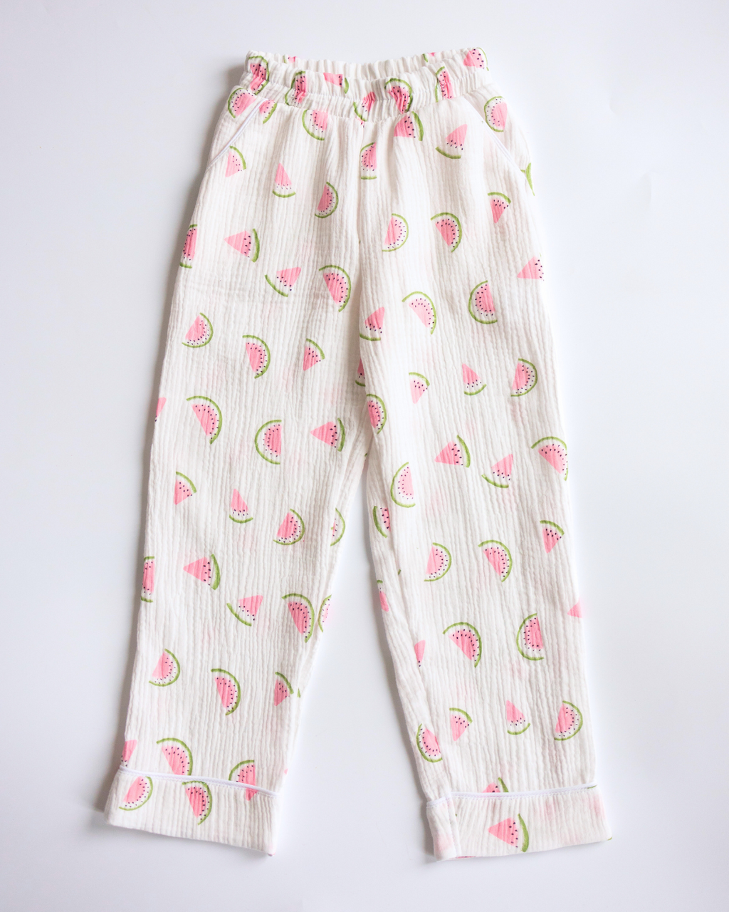 Cotton muslin pajama pants for girls with pink watermelon print and elastic waist