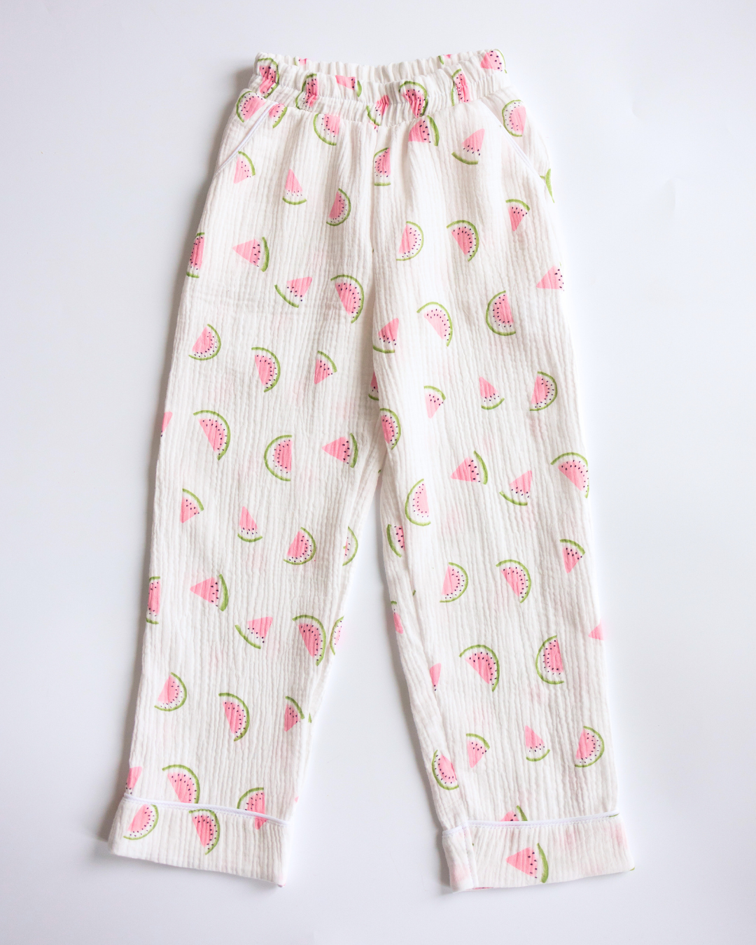 Cotton muslin pajama pants for girls with pink watermelon print and elastic waist