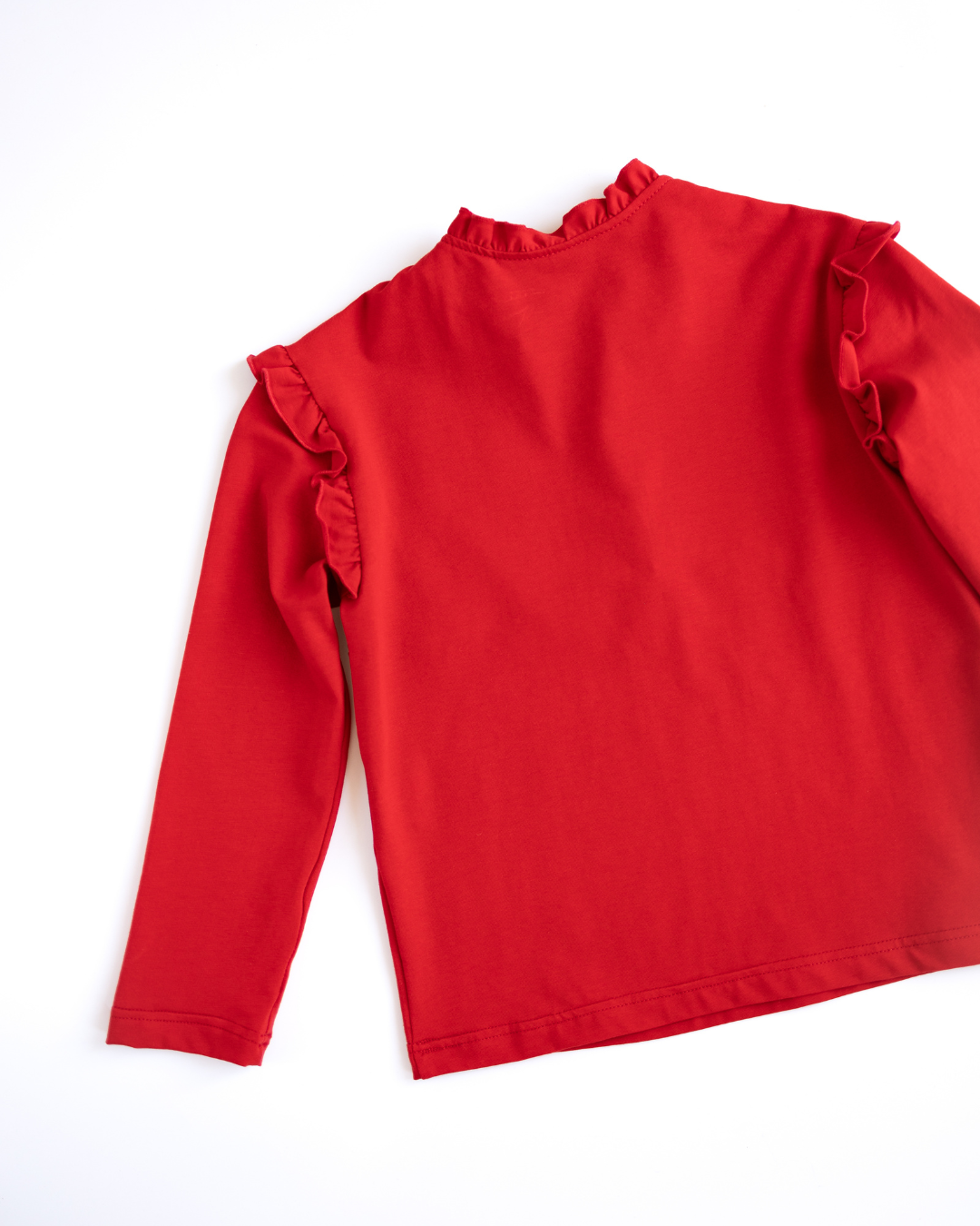 Back view of red cotton ruffle top for girls by Alwair Kids