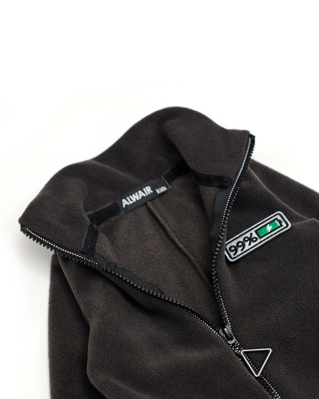 Alwair Kids brand label inside charcoal fleece jumpsuit collar