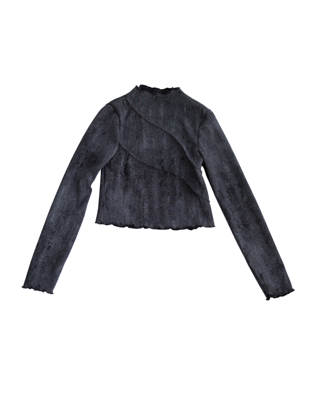 Flat lay of black ribbed long sleeve top with washed dye finish