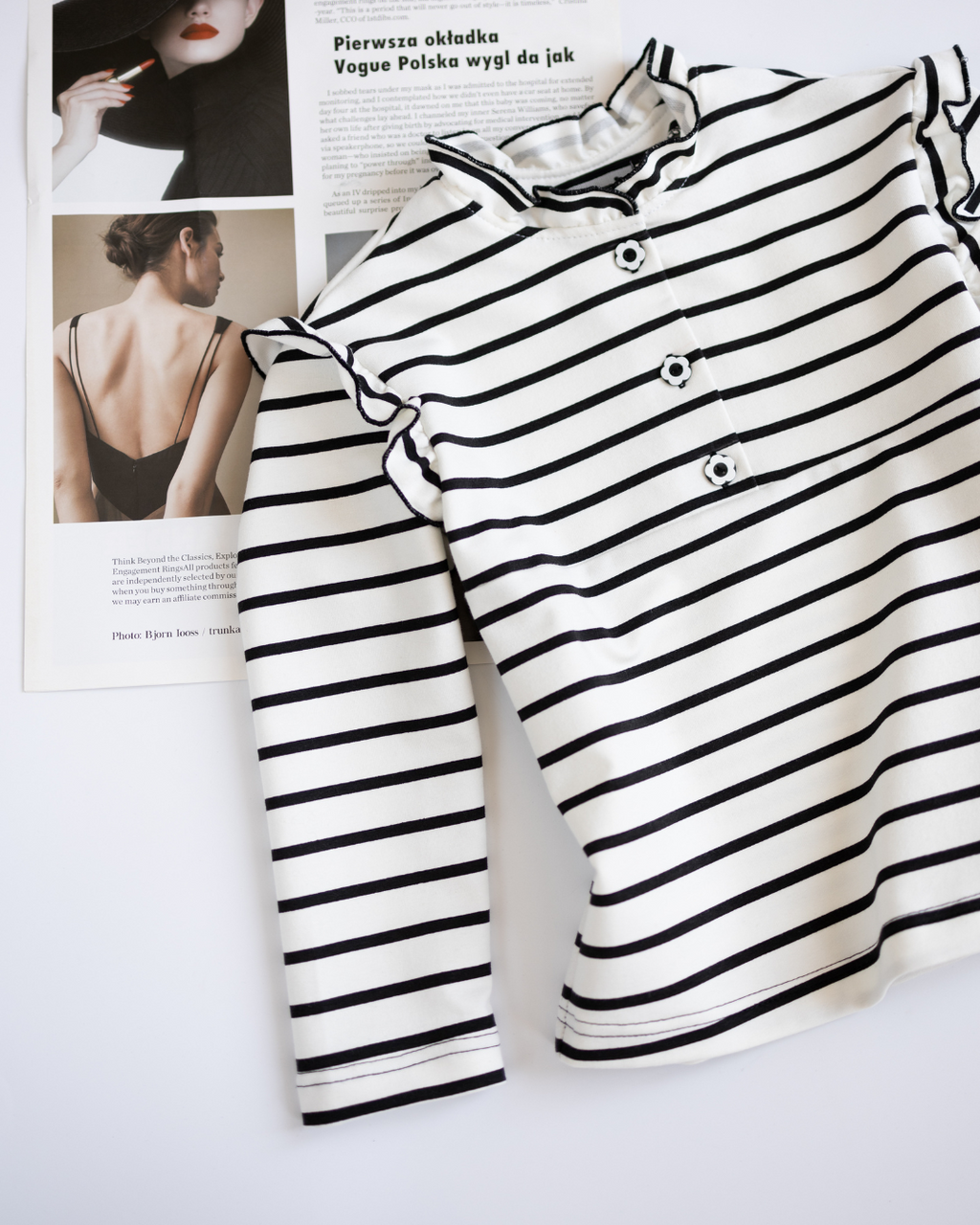 Close-up of ruffled shoulder detail on striped cotton longsleeve for girls by Alwair Kids