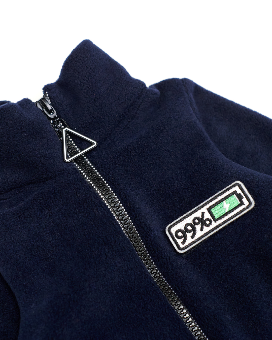 Mood battery patch – 99% charge on dark navy fleece jumpsuit
